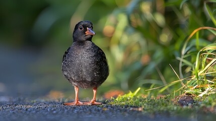 Obraz premium A small black bird standing on the side of a road