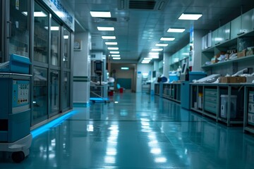 Fototapeta premium Futuristic nursery robots caring for infants in a bright, people free hospital environment