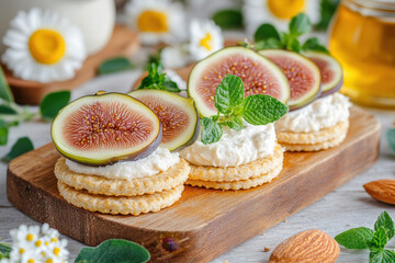 Superfood High Calcium, A delightful arrangement of creamy cheese on crisp biscuits topped with fresh figs, mint leaves, and surrounded by flowers and almonds.