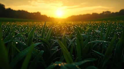 A field of green grass with the sun setting in the background