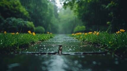 Fototapeta premium A wet path in the middle of a grassy field with yellow flowers