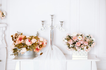 Beautiful floral arrangements and candle holder for Christmas decor celebration