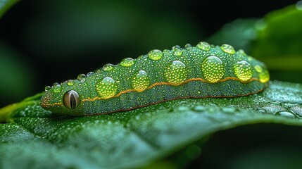A green caterpillar on a leaf covered in water droplets