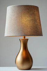 Photographie studio d'une lampe &agrave; poser moderne avec base en laiton &eacute;pur&eacute; et abat-jour en tissu, design minimaliste sur fond blanc