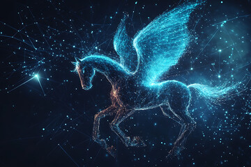 An abstract digital background featuring a pegasus , highlighted by connecting data points in blue and black colors


