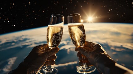 Futuristic new year celebration in space featuring astronauts toasting with champagne over earth at dawn