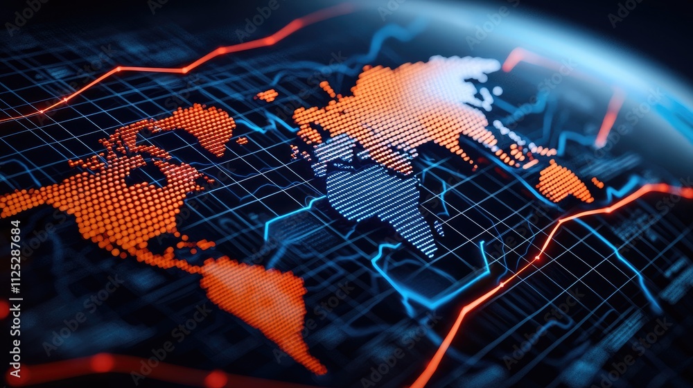 Poster global economic trends visualization digital map data analytics high-tech environment aerial view in