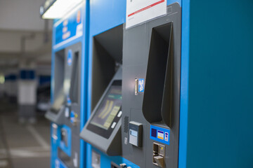  automated teller machine at shopping mall, close up view
