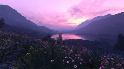 Fototapete Rund Rugged mountain peaks piercing through misty morning skies, serene lakes reflecting soft pink hues of sunrise, and tranquil landscapes dotted with wildflowers and lush greenery © Wanida