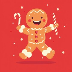 illustration flat design style cute gingerbread man holding a candy cane