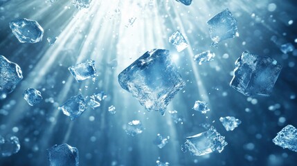 Many ice cubes falling through bright light