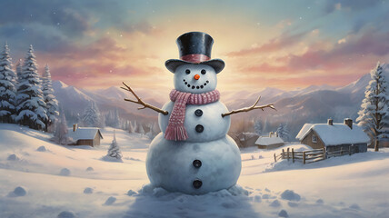 Fototapeta premium Cheerful snowman in snowy mountain village at sunset. (1)