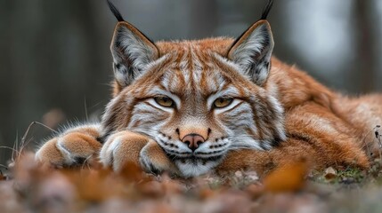 Obraz premium A lynx laying down in the woods looking at the camera
