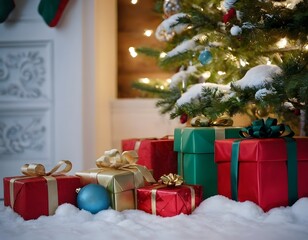 Christmas tree with presents Christmas ball gift box and ornament in the modern living room lights and decoration winter new year concept