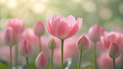 Obraz premium A field of pink tulips with the sun shining through them