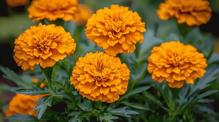 Fototapeta premium A bunch of orange flowers with green leaves