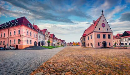 Exciting autumn view of empty street of Bardejov city with Town Hall. Attractive autumn cityscape...