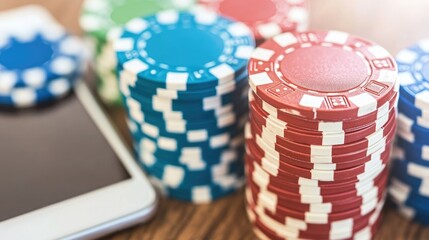 Casino Chips and Smartphone on Wooden Table