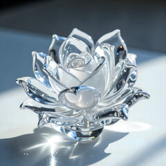 Elegant transparent lotus sculpture reflecting light in a serene setting, photography of still life concept.