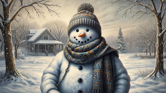 Cheerful snowman in winter scene, wearing hat and scarf, near a house.