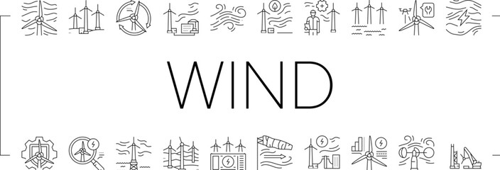 Fototapeta premium wind turbine power energy farm icons set vector. electric environment, generator industry, sustainable green, renewable turbine, mill wind turbine power energy farm black contour illustrations