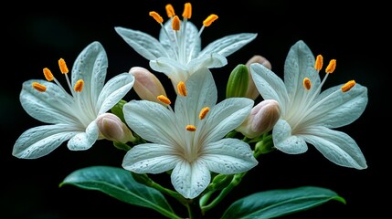 Fototapeta premium A bunch of white flowers with yellow stamens on a black background