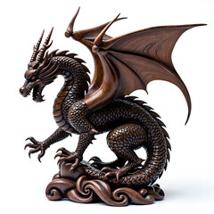 Fototapeta premium Intricately carved wooden dragon sculpture with exquisite detailing and wings, photography of sculpture concept.