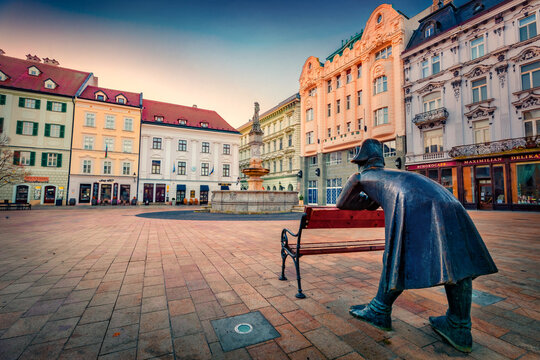Bratislava, Slovakia - October 29, 2024: Sculpture of a soldier of Napoleon Army in historic part of Bratislava city. Picturesque autumn cityscape of Bratislava, capital of Slovakia, Europe.