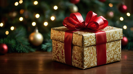 Christmas gift box with red ribbon on wooden table, decorated tree background.