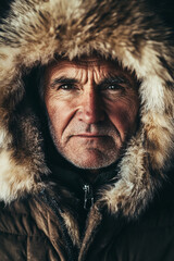 Portrait of a man in heavy fur coat in cold climate