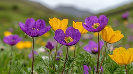 A field of purple and yellow flowers with mountains in the background