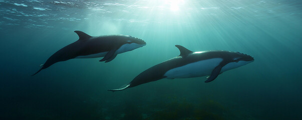 Fototapeta premium Dolphins swimming gracefully in clear ocean waters