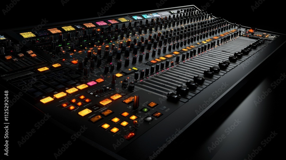 Poster close-up of professional audio mixing board faders and knobs in a creative studio setting