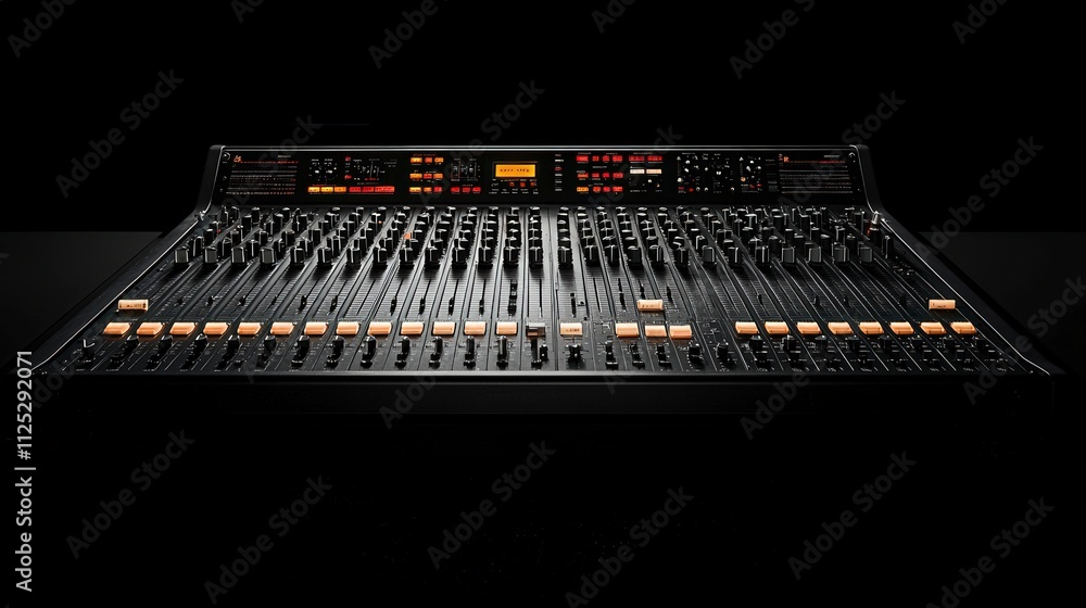 Poster Professional mixing board with faders and knobs studio equipment dark environment front view audio engineering concept