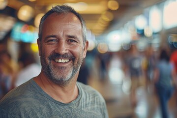 Fototapeta premium Portrait of a blissful man in his 40s dressed in a casual t-shirt while standing against bustling airport terminal