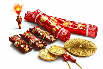 Fototapeta premium Festive Chinese New Year Celebration with Firecrackers and Coins