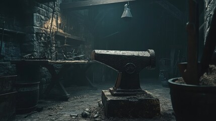 A vintage iron anvil placed in a traditional blacksmith workshop setting.