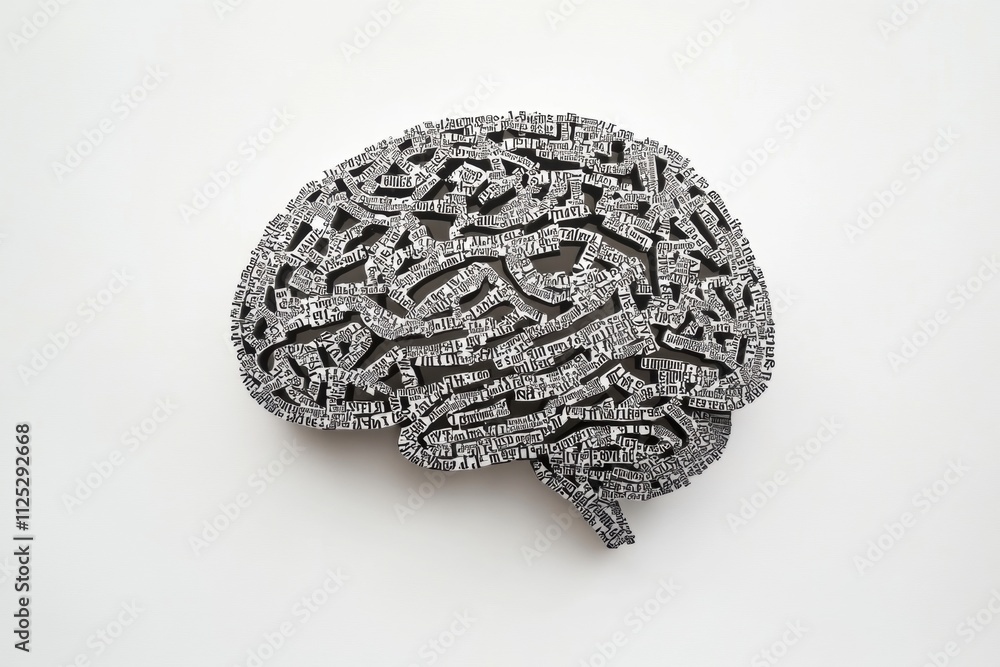 Poster a unique depiction of a human brain crafted from diverse words and phrases, designed with ample spac