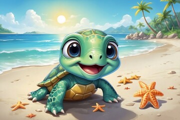Baby Turtle with Cute Big Eyes Playing on the Beach on a Sunny Day