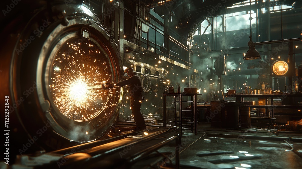 Poster a worker using a grinder on an iron pipe, sparks flying in a controlled workshop.