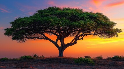 Obraz premium A lone tree in the middle of a field at sunset