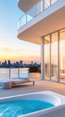 Obraz premium Penthouse Balcony with Jacuzzi and Sunset City Views