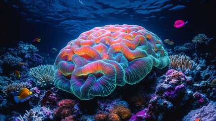 Vibrant brain coral reef underwater scene.
