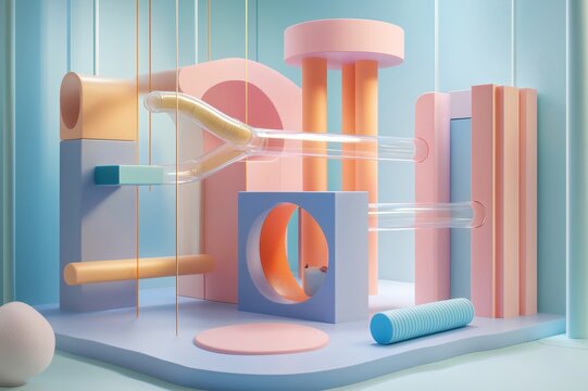3d rendering of a colorful hamster playground featuring transparent tubes, geometric shapes, and pastel colors, creating a stimulating environment