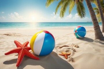 Obraz premium Bright and Colorful Image of Hats, a Beach Ball, and a Starfish on a Sandy Beach
