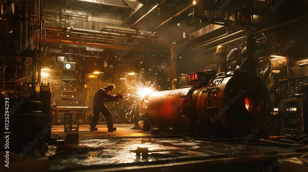Poster a worker using a grinder on an iron pipe, sparks flying in a controlled workshop.