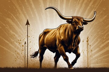 Minimalist Drawing of a Standing Bull Silhouette Against a Hand-Drawn Golden Arrow