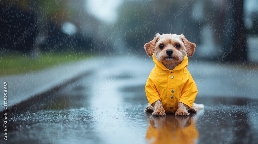 Aufkleber a small dog wearing a yellow raincoat sits on the wet pavement while light rain falls, creating pudd