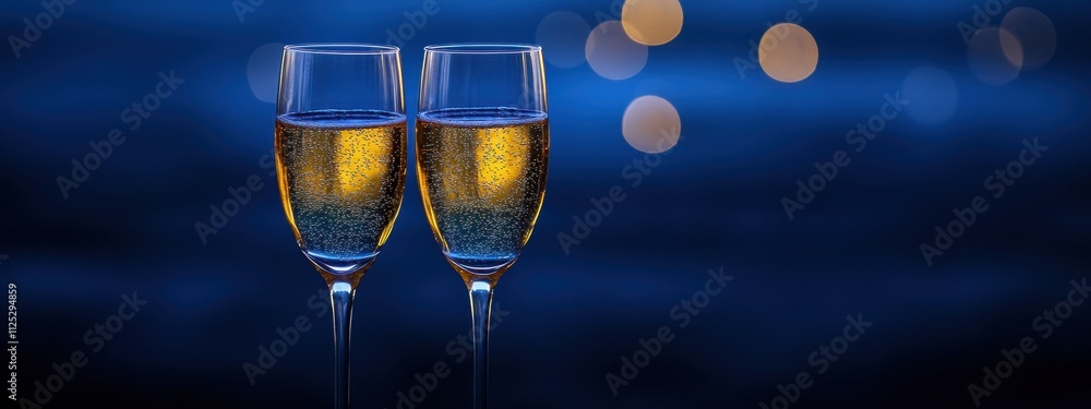Poster two champagne glasses clinking with sparkling bubbles on an abstract dark blue background with bokeh