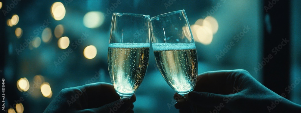 Poster new year's eve toast a film still from the great gatsby, depicts two champagne flutes clinking toget